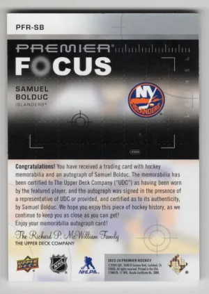 2023-24 Upper Deck Premier Samuel Bolduc Premier Focus Rookie Patch Auto /175 back
